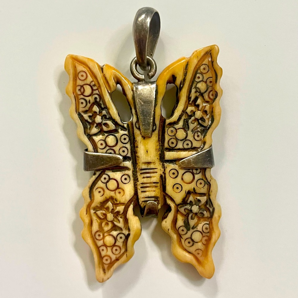 Sterling silver and bone 1970s butterfly pendant